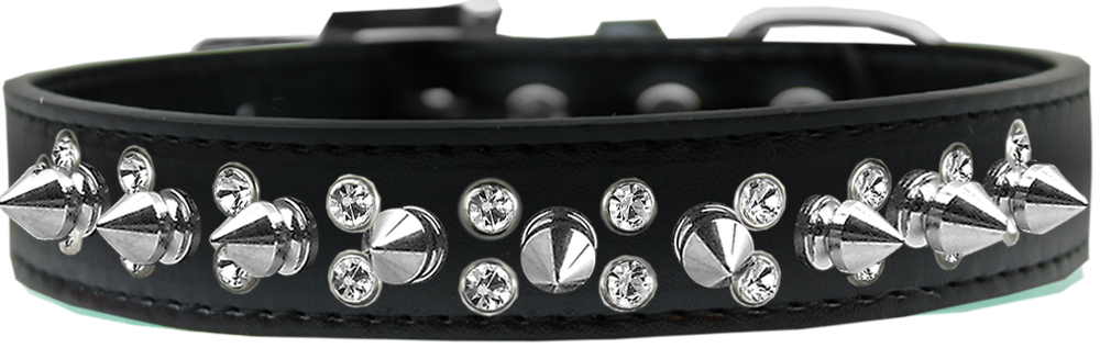 Double Crystal and Silver Spikes Dog Collar Black Size 16